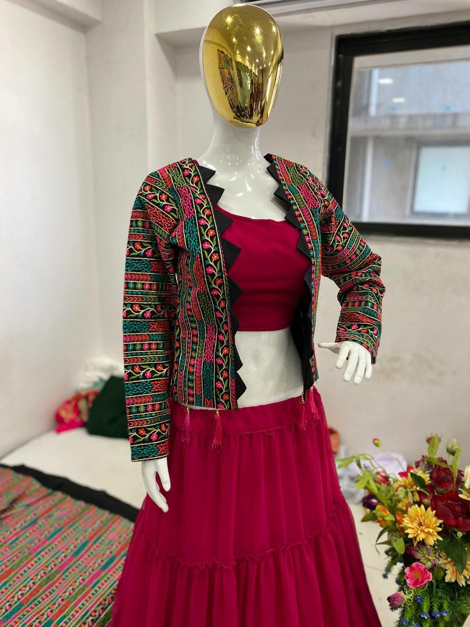 Full Sleeve Multi Color Red Multicolor Lehenga Choli With Full Sleeve JacketSiqunce Work Lehenga Choli