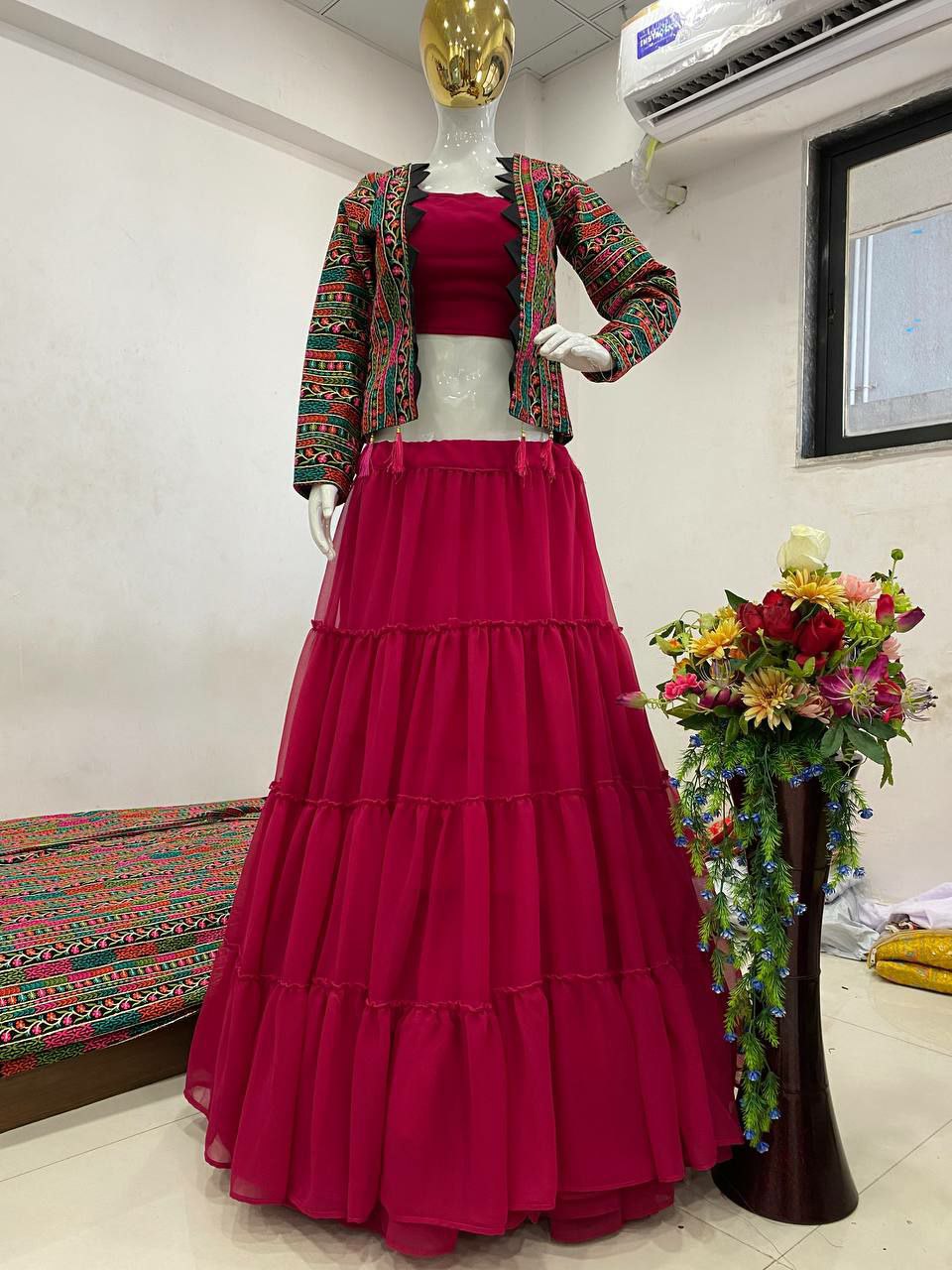 Red Multicolor Lehenga Choli With Full Sleeve Jacket