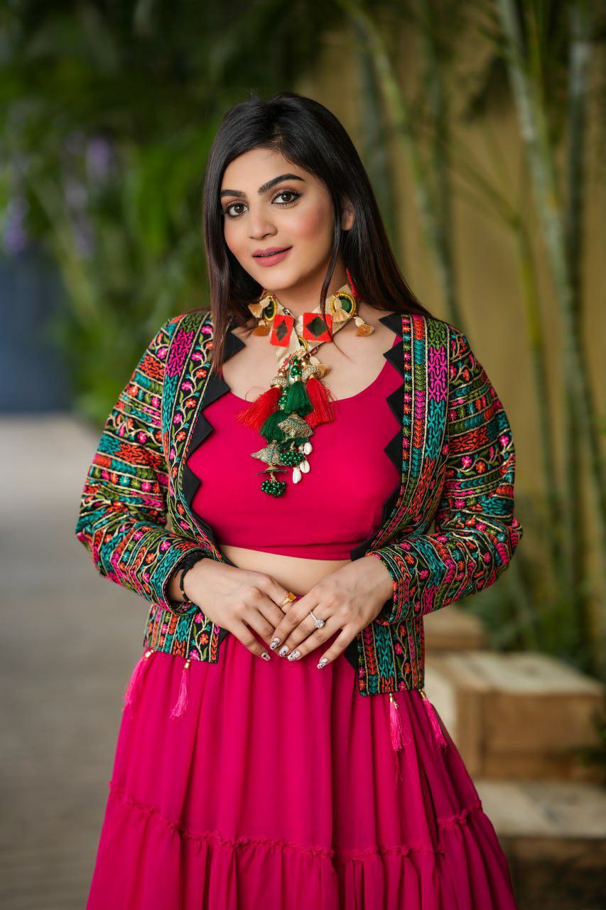 Red Multicolor Lehenga Choli With Full Sleeve Jacket