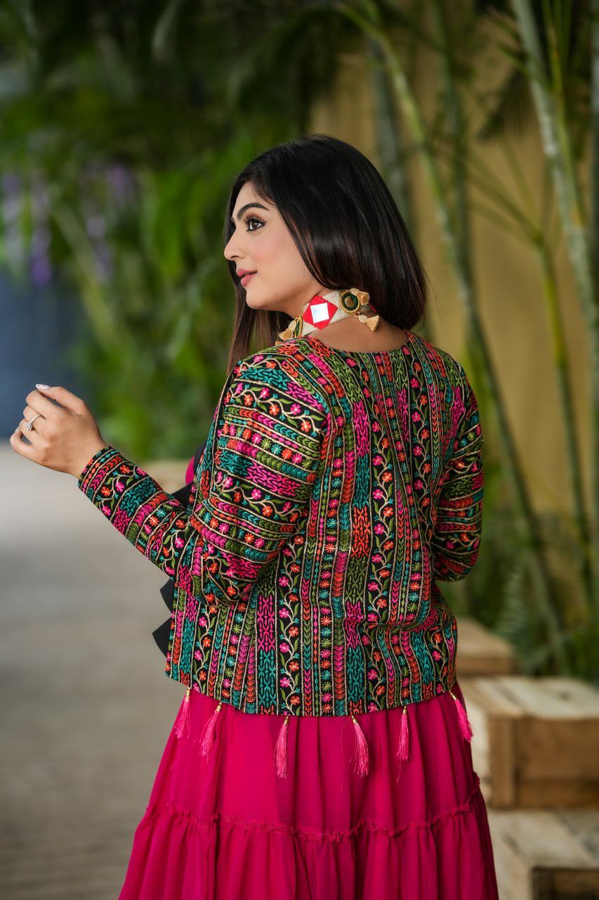 Red Multicolor Lehenga Choli With Full Sleeve Jacket
