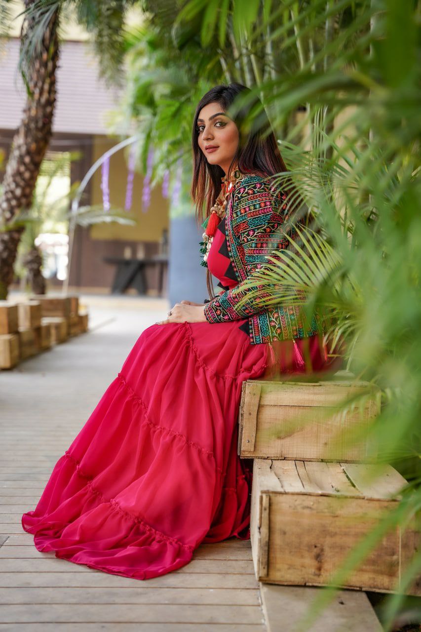 Red Multicolor Lehenga Choli With Full Sleeve Jacket