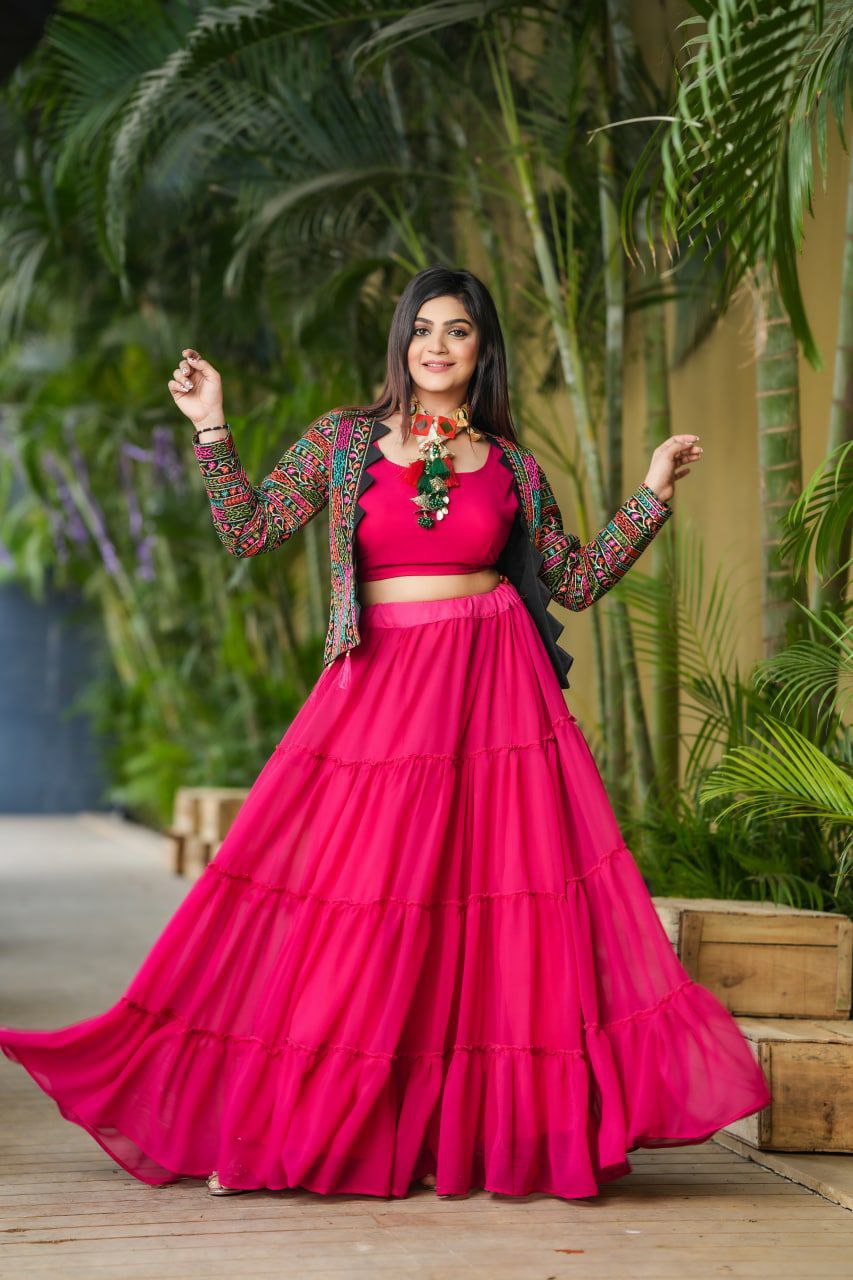 Red Multicolor Lehenga Choli With Full Sleeve Jacket