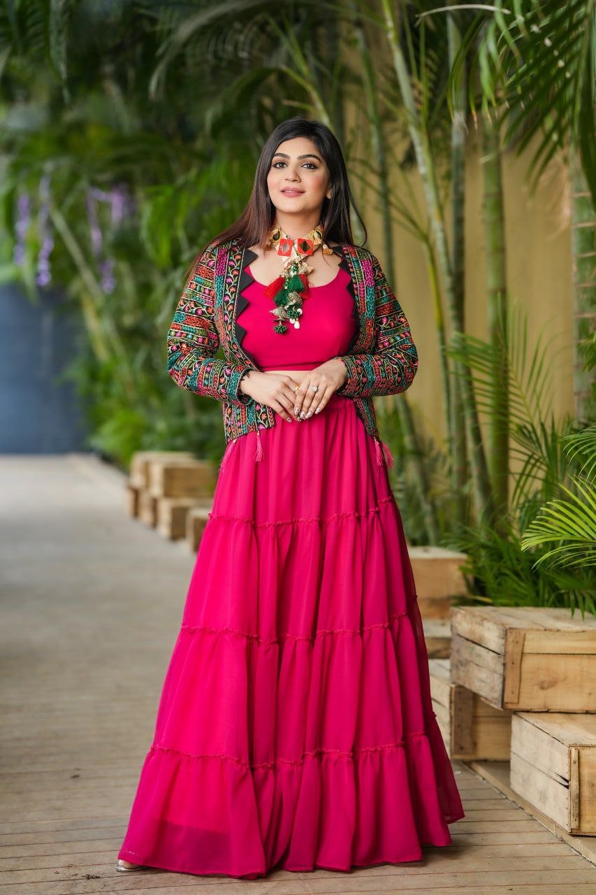 Red Multicolor Lehenga Choli With Full Sleeve Jacket