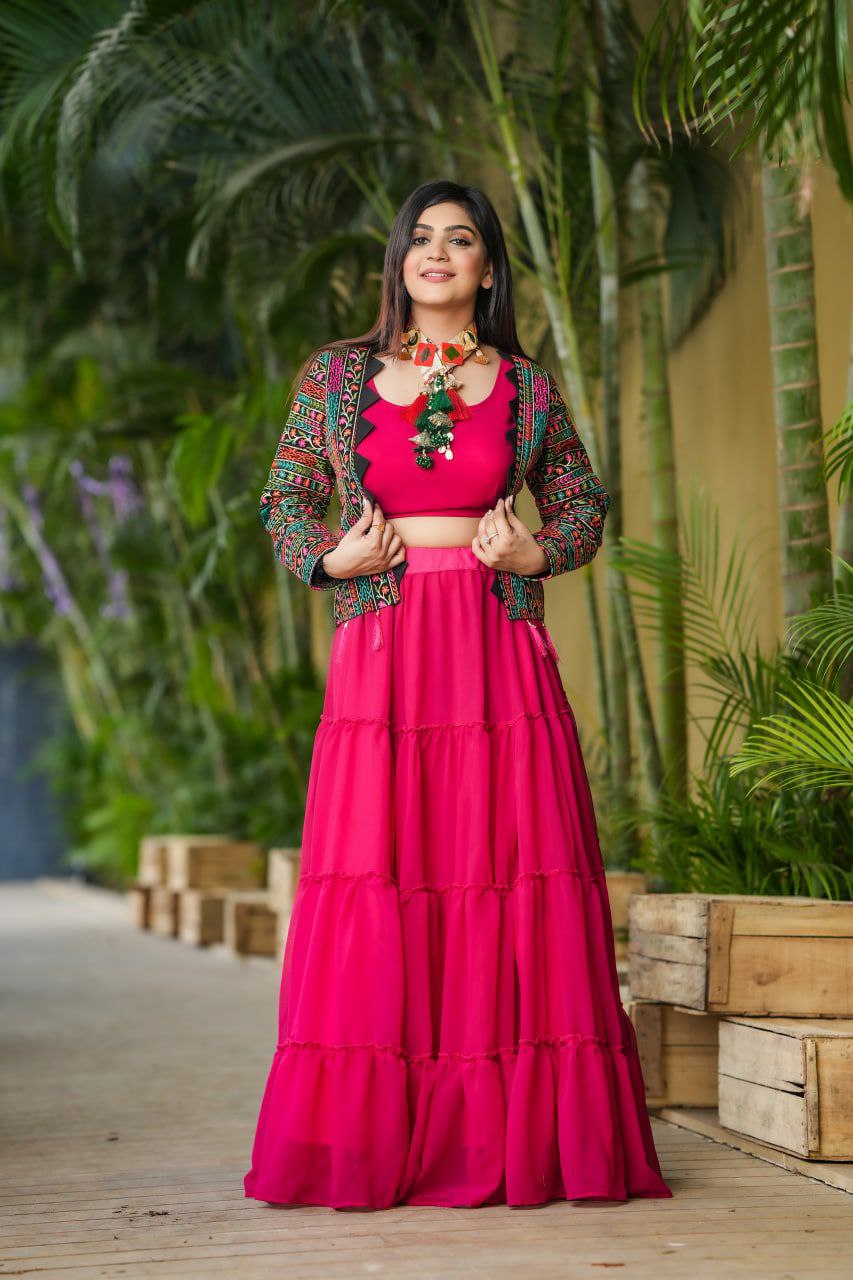Red Multicolor Lehenga Choli With Full Sleeve Jacket