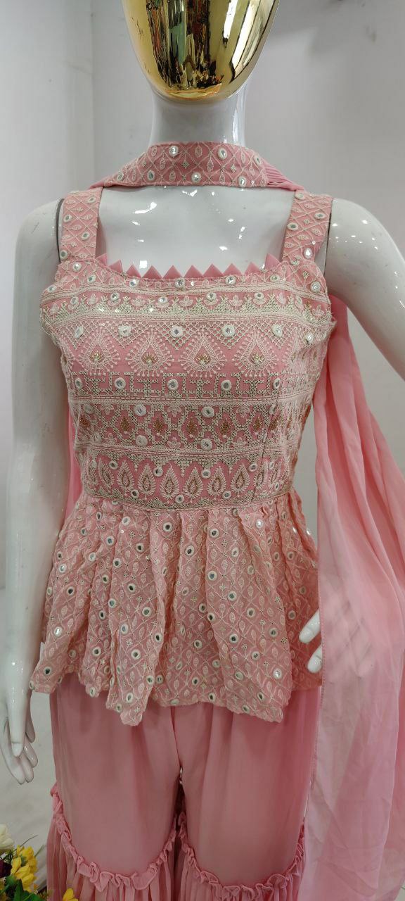 Baby Pink Sararra Top And Lehenga For Partywear