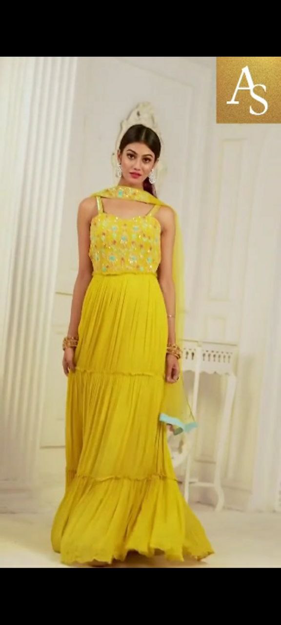 Yellow Color Partywear Gown Top With Dupatta