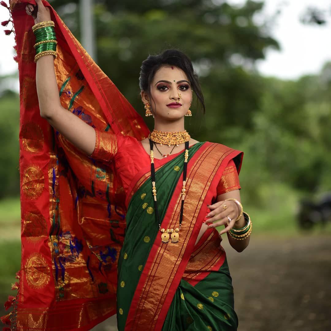Green Paithani Silk Saree With Ethnic Blouse Piece