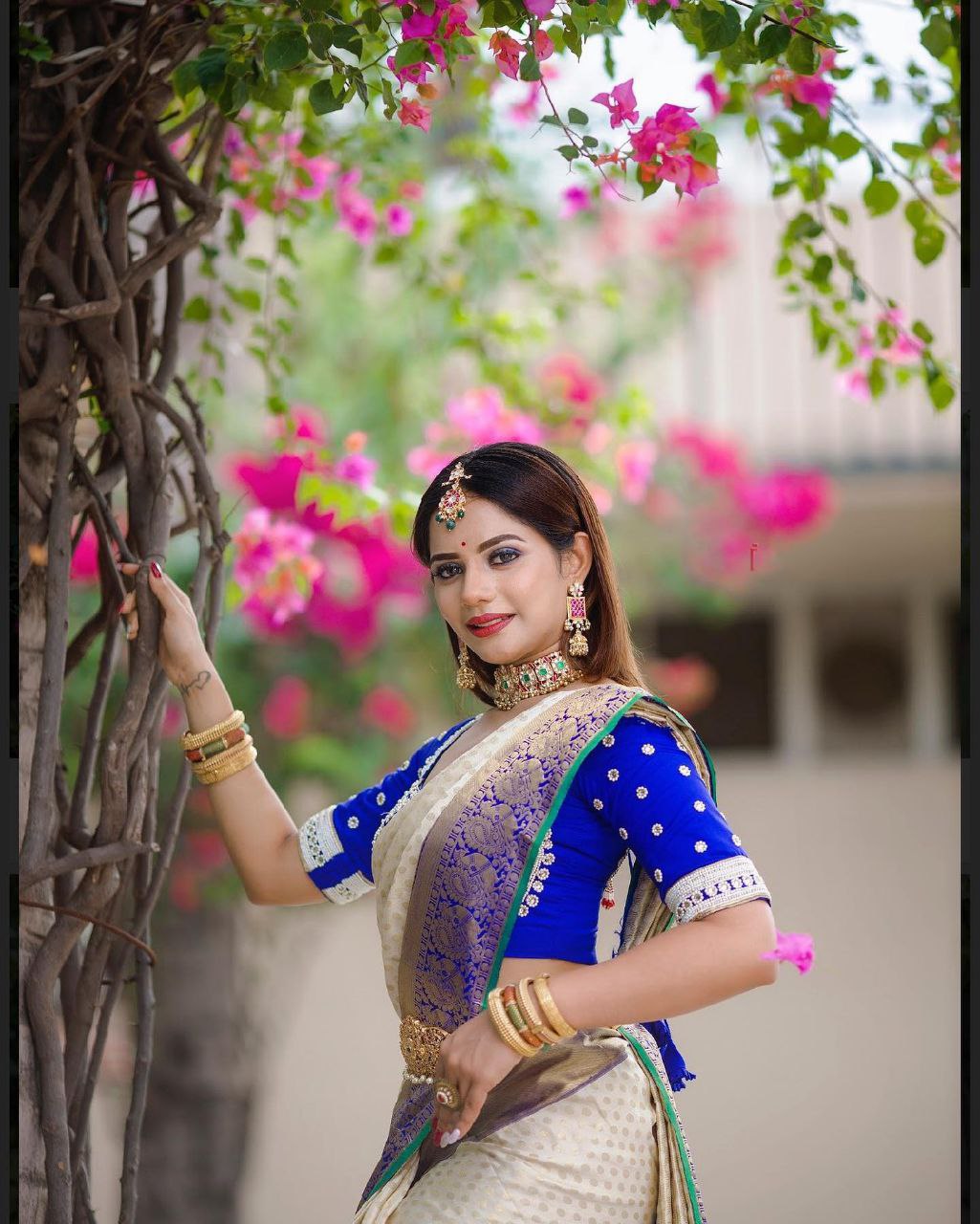 Designer Off White and Blue Golden Jacquard Work Saree