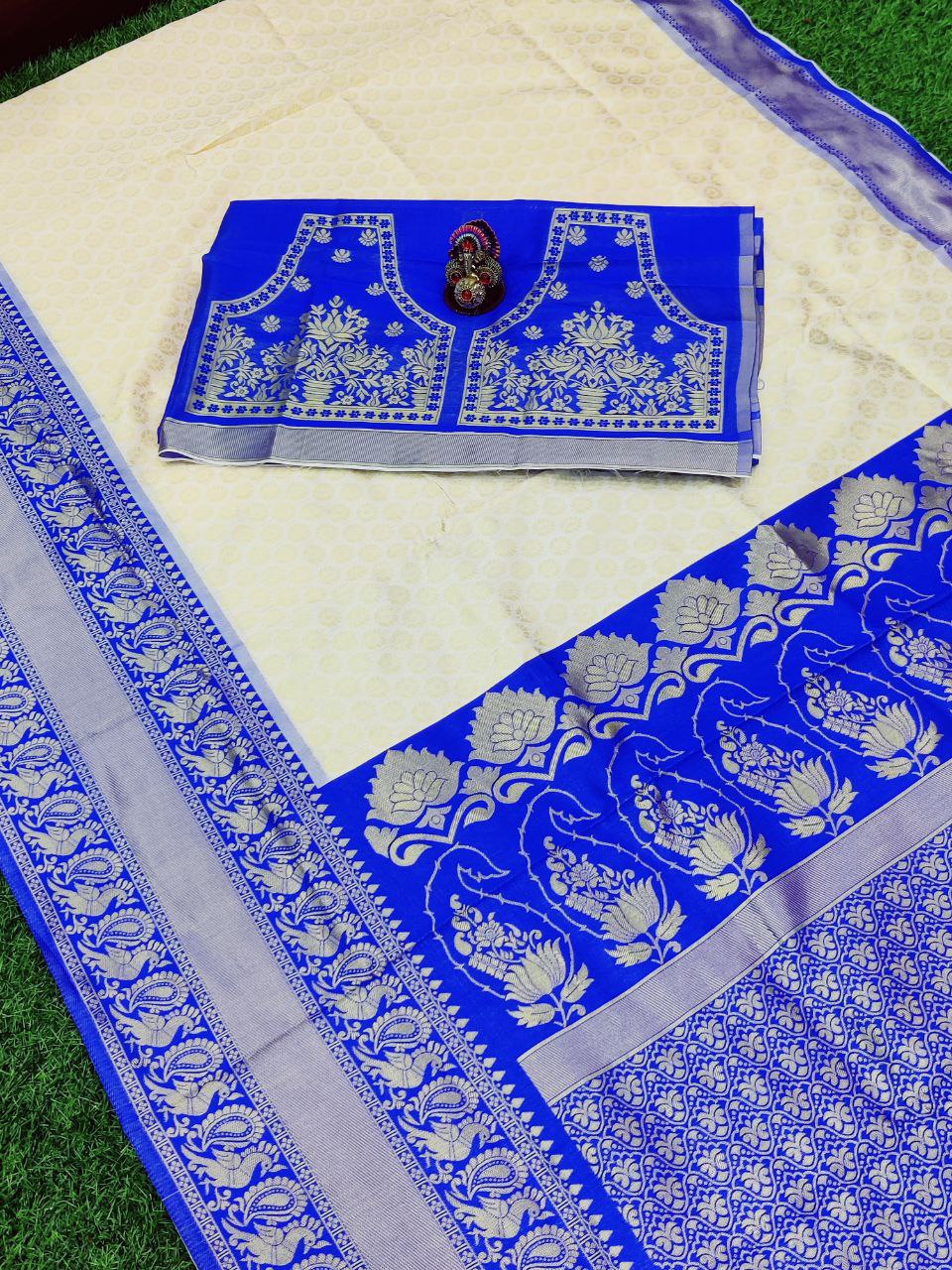 Designer Off White and Blue Golden Jacquard Work Saree