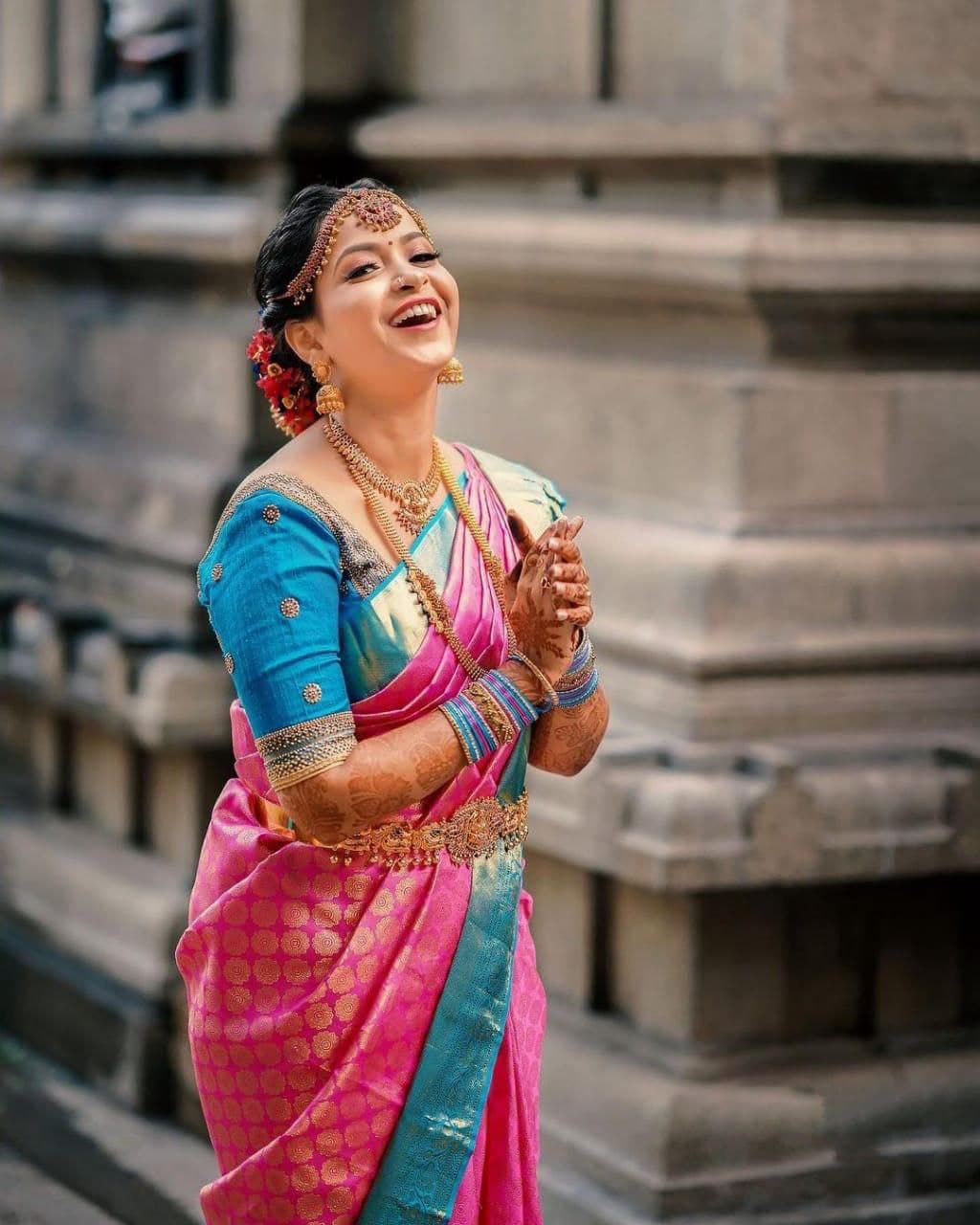 Blue Pink Firozi Soft Banarasi Silk Saree With Blouse