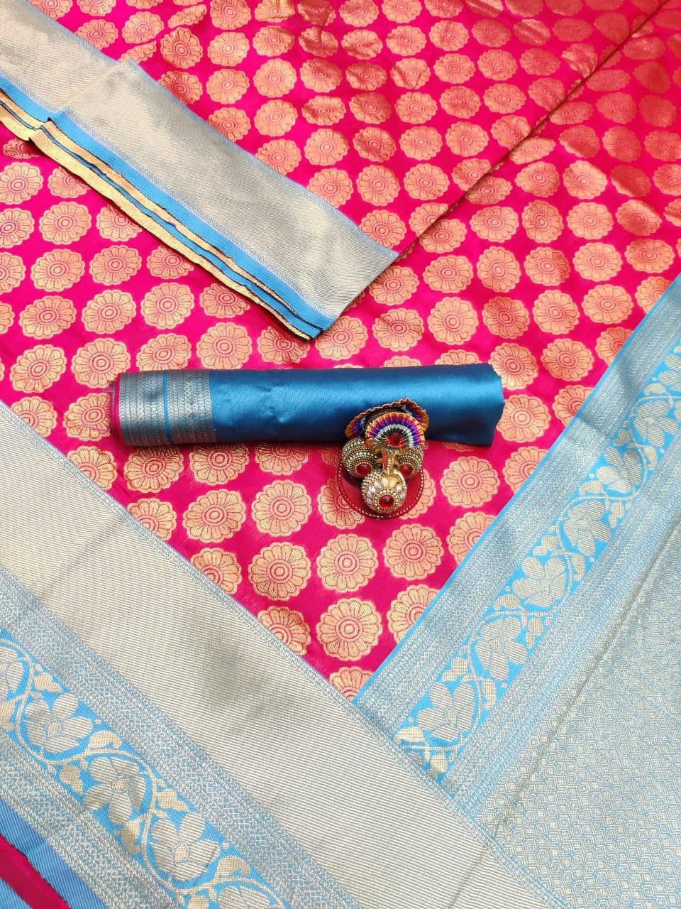Blue Pink Firozi Soft Banarasi Silk Saree With Blouse