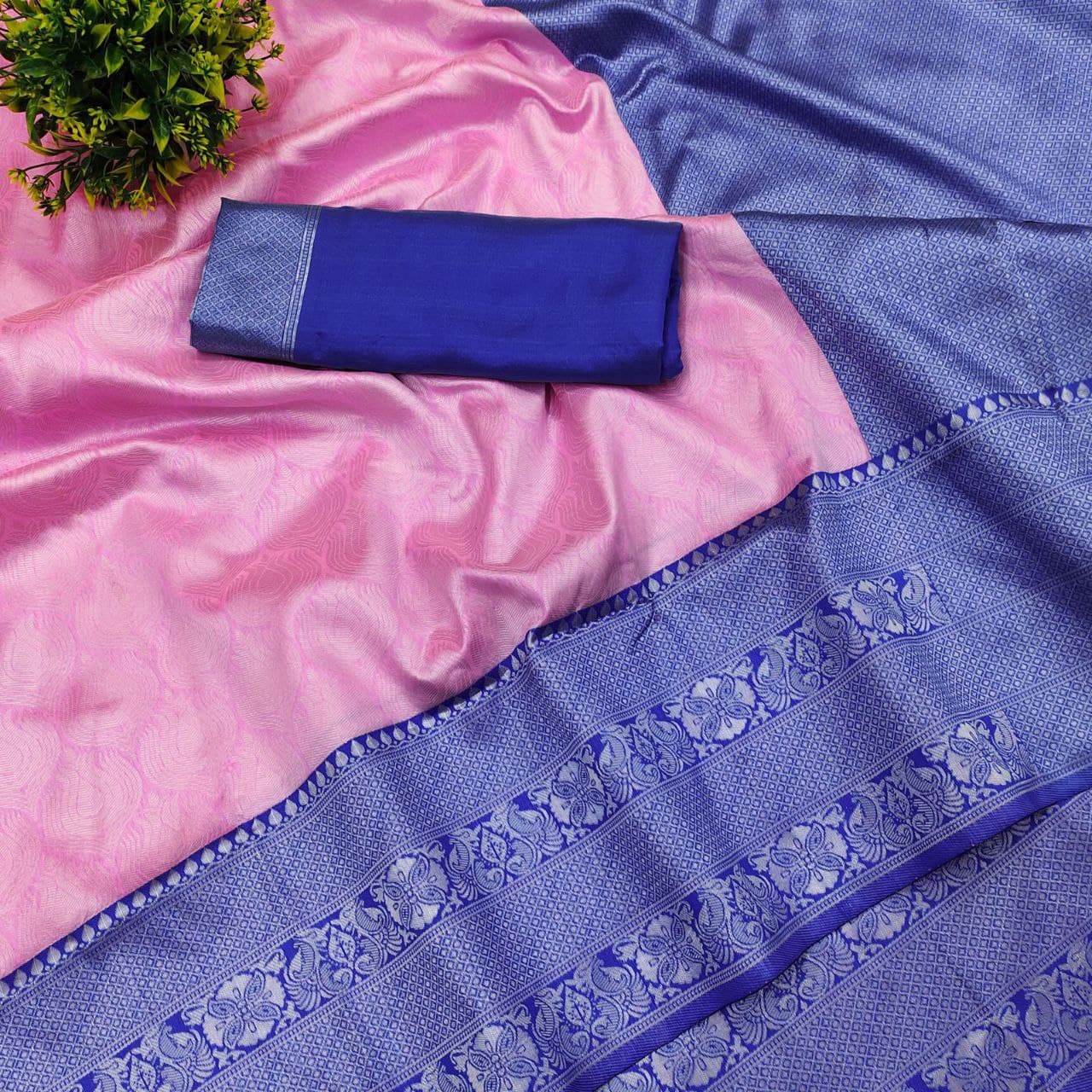 Trendy Baby Pink Color Soft Silk Sarees With Blue Blouse