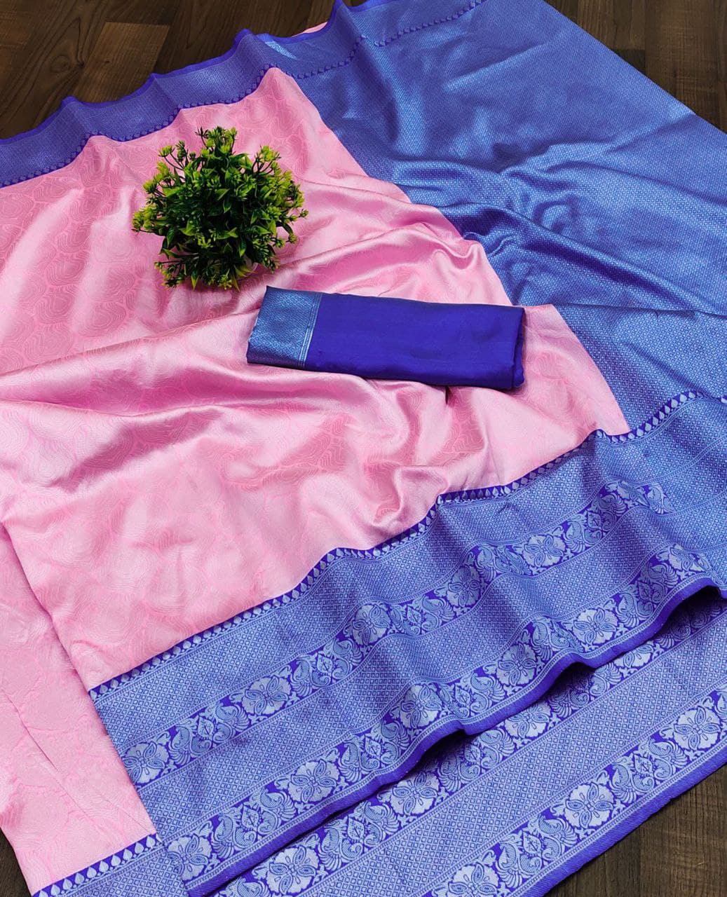 Trendy Baby Pink Color Soft Silk Sarees With Blue Blouse