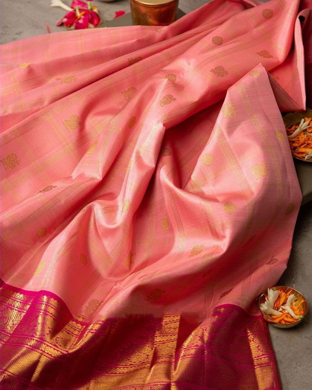 Partywear Dark Peach Kanchipuram Saree For Women