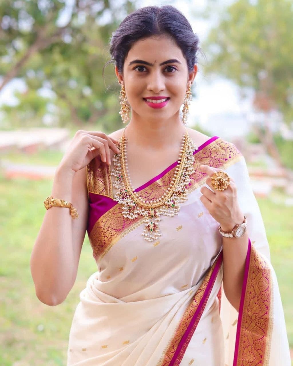 White Paithani Silk Saree with Maroon Zari Border