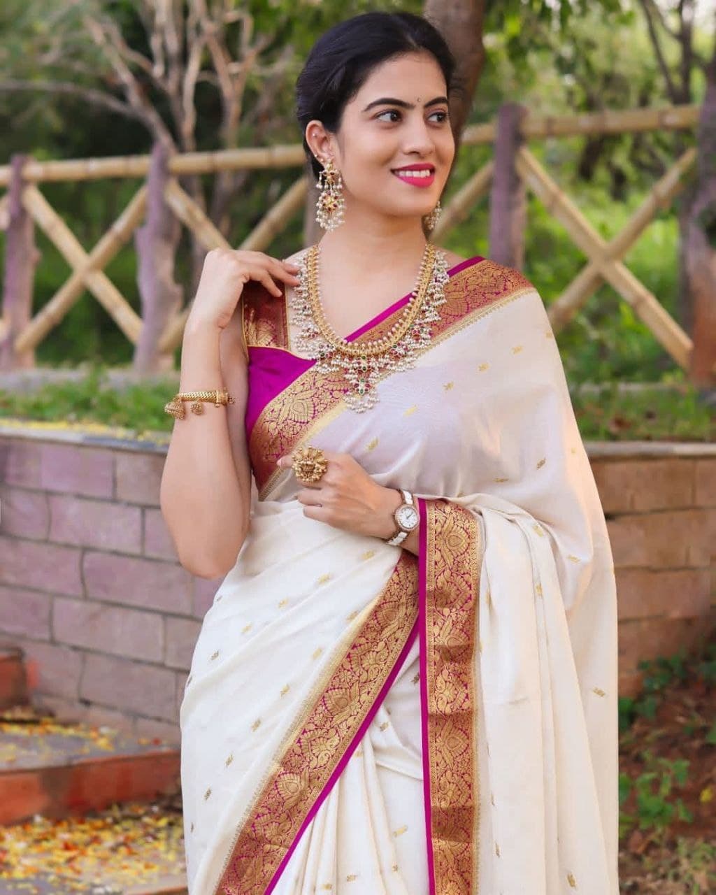 White Paithani Silk Saree with Maroon Zari Border