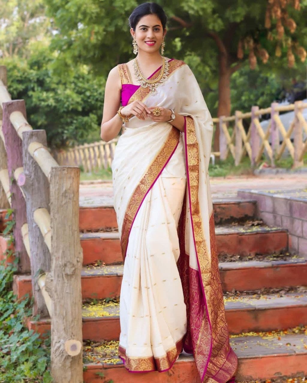 White Paithani Silk Saree with Maroon Zari Border