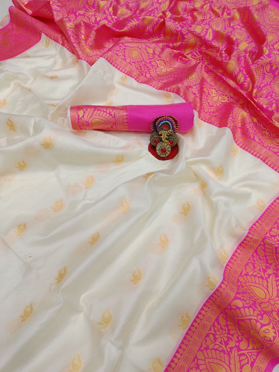 White Paithani Silk Saree with Maroon Zari Border