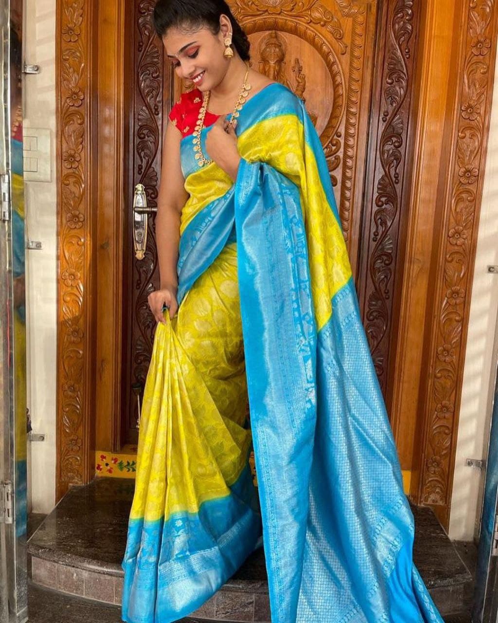 Yellow Colour Soft Lichi Silk Sky Blue border Saree