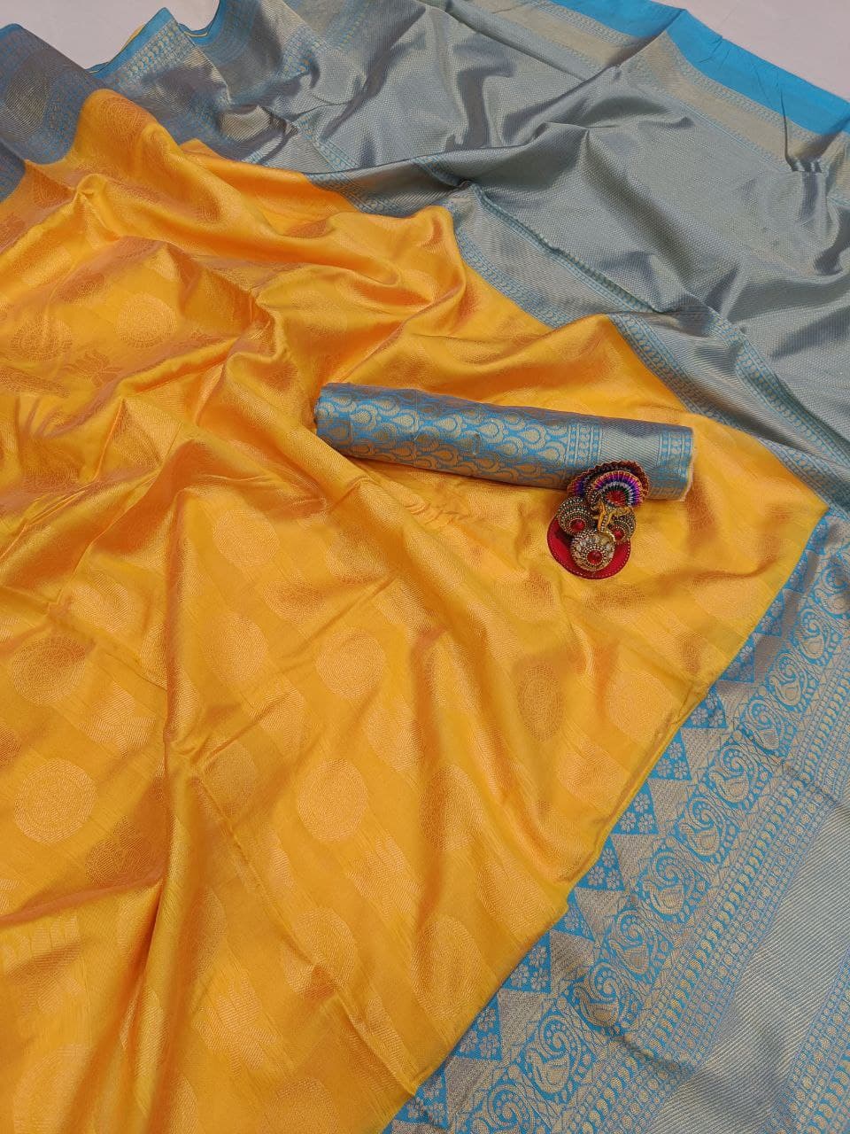 Yellow Colour Soft Lichi Silk Sky Blue border Saree