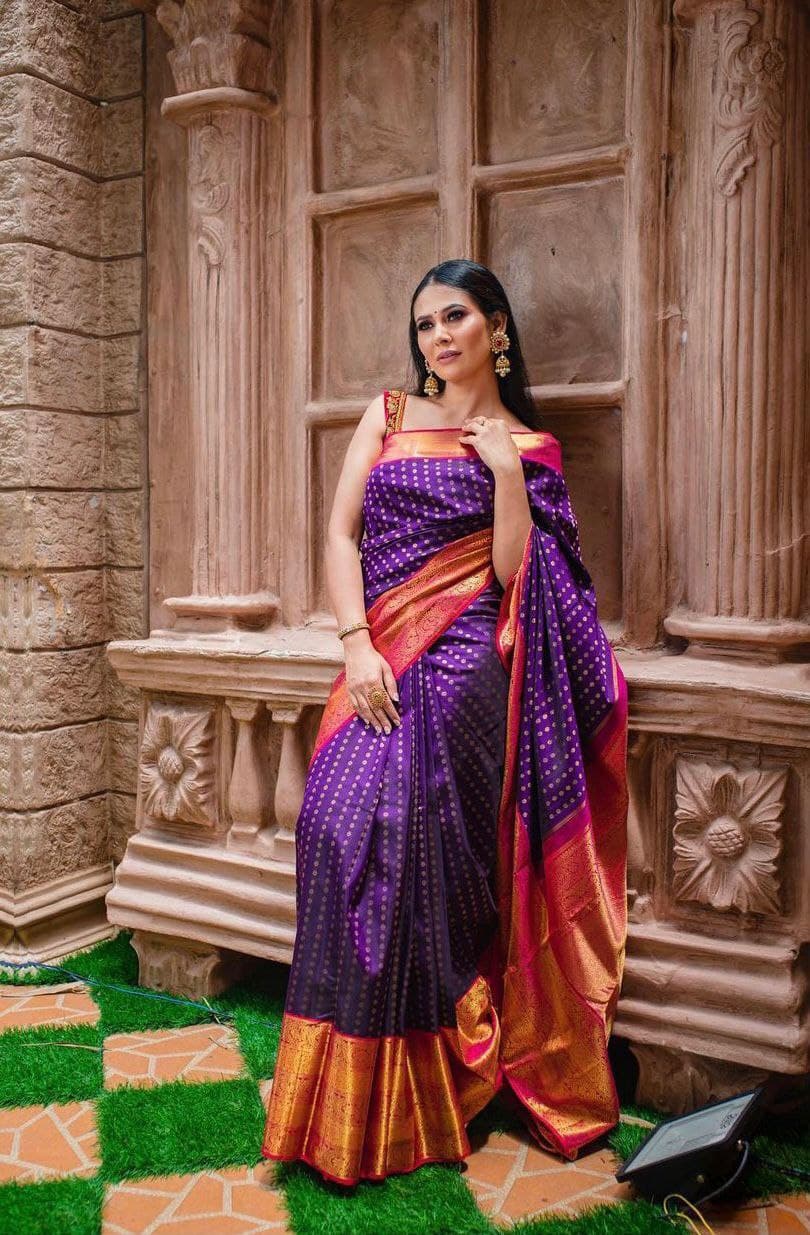 Partywear Purple Saree With Red Blouse