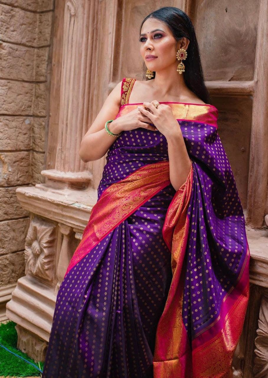 Partywear Purple Saree With Red Blouse