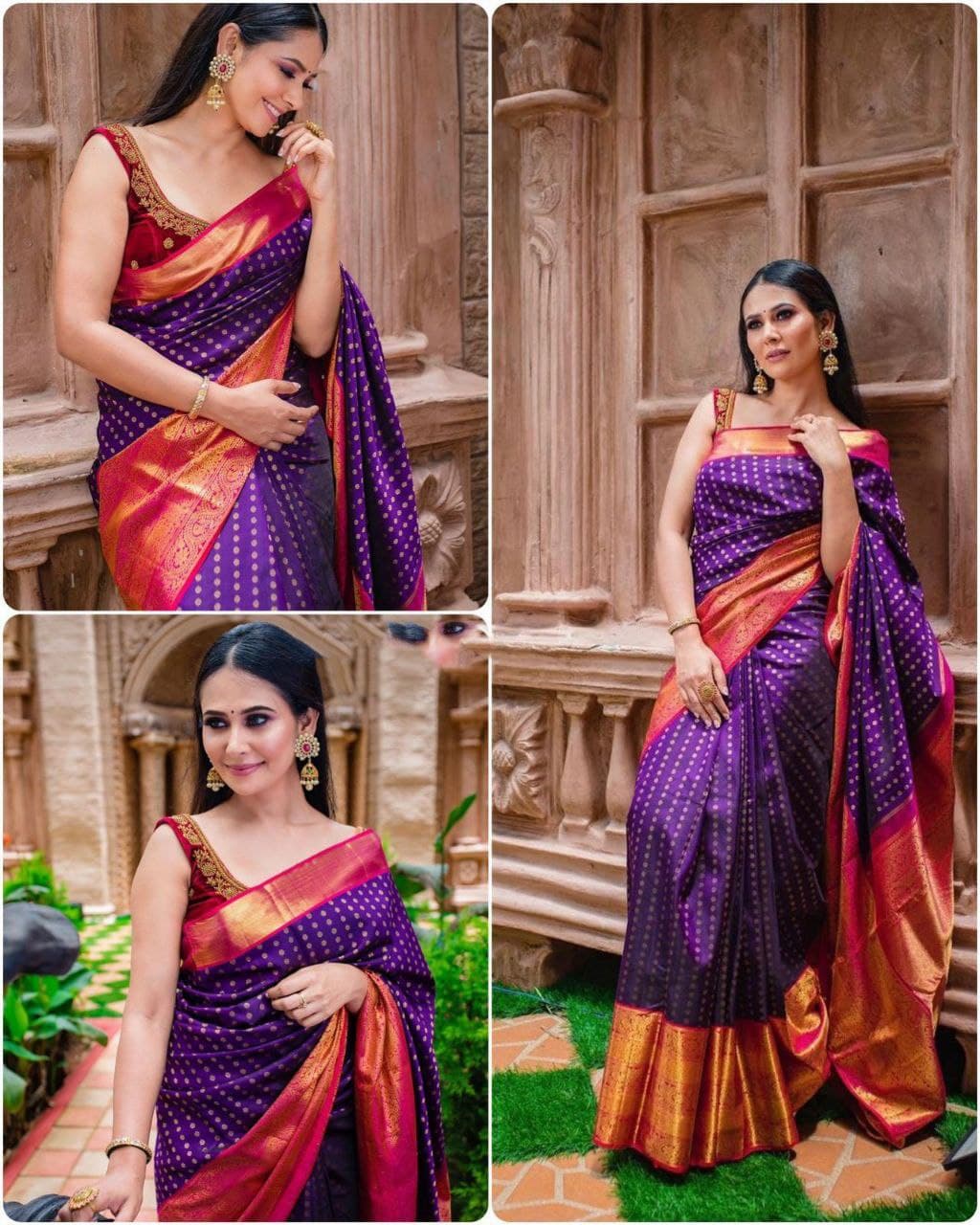Partywear Purple Saree With Red Blouse