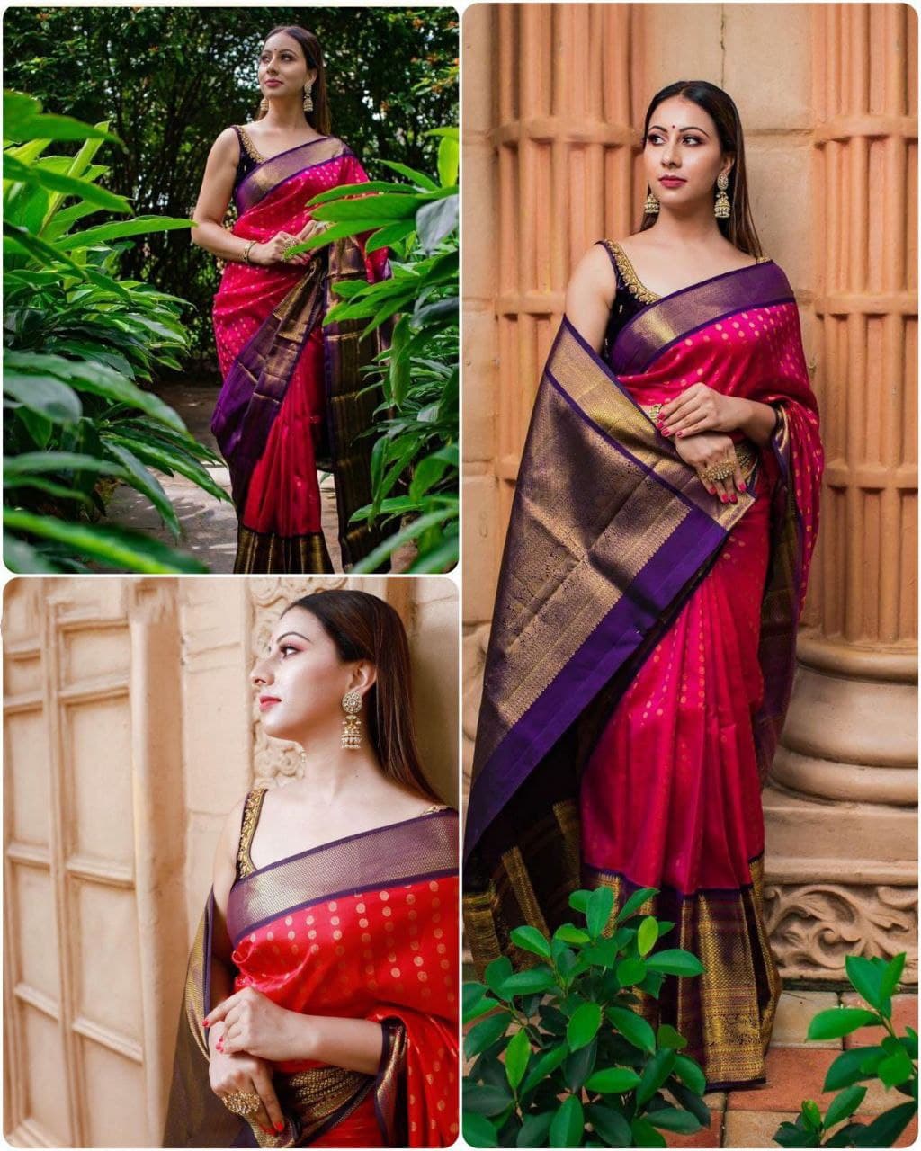 Partywear Pink Saree With Purple Blouse