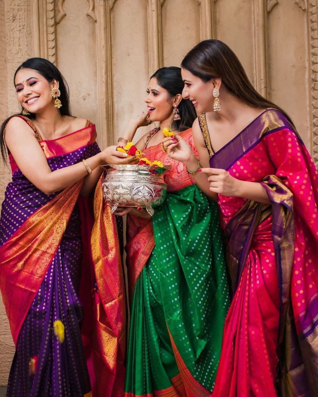 Partywear Pink Saree With Purple Blouse