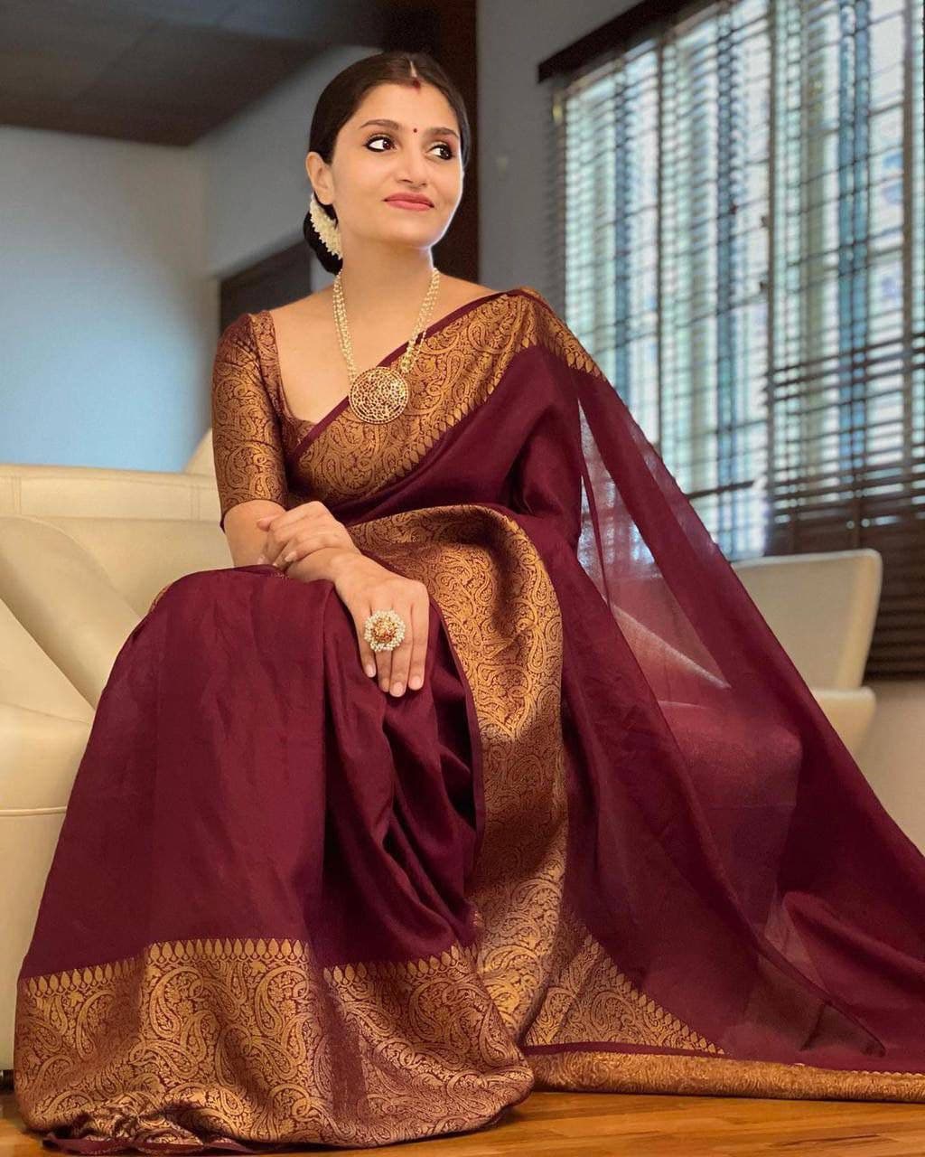 Luxurious Maroon Soft Silk Indian Saree For Women