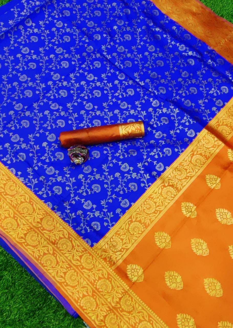 Blue Traditional Pure Silk Saree With Orange Blouse