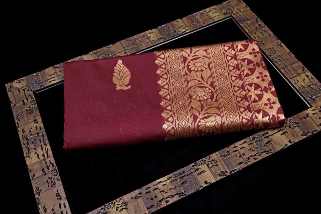 Maroon Color Pure Silk Traditional Saree With Grey Blouse