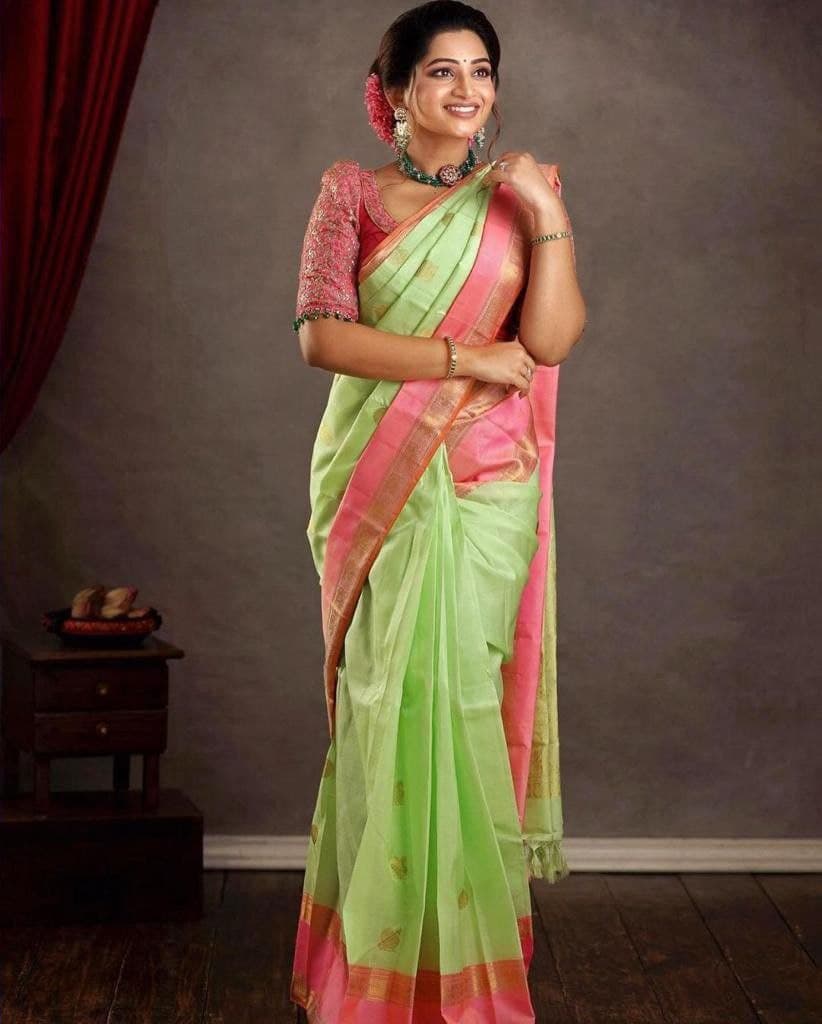 Best Pista Soft Silk Saree With Matching Blouse