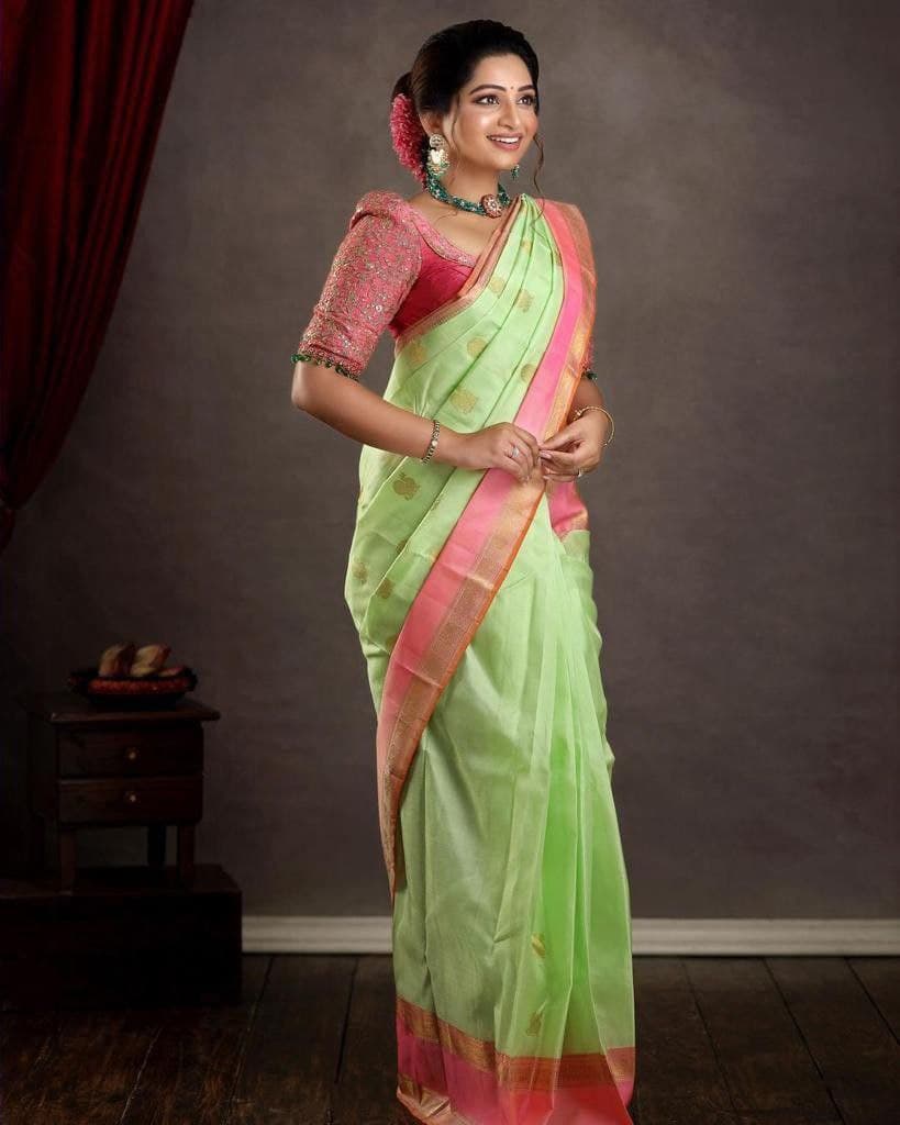 Best Pista Soft Silk Saree With Matching Blouse