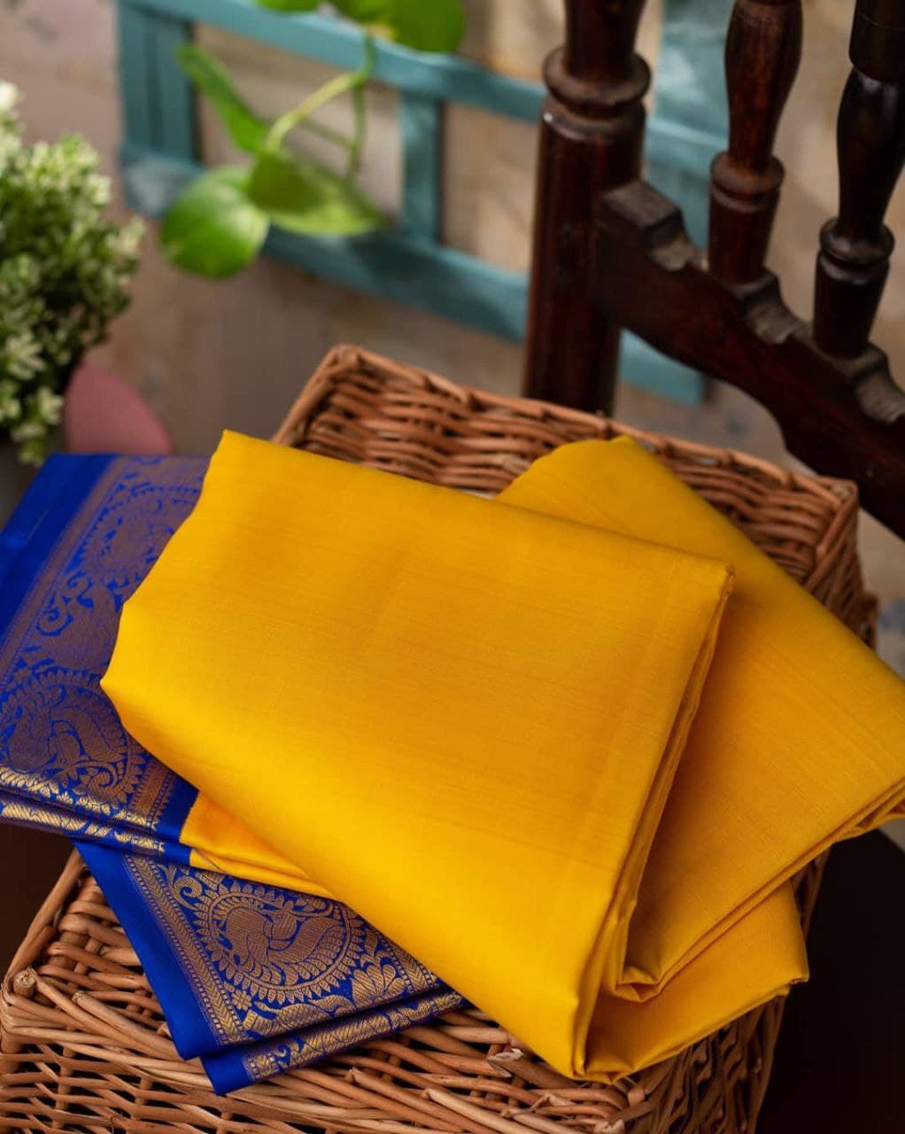 Yellow Blue Wedding Banarasi Partywear Saree