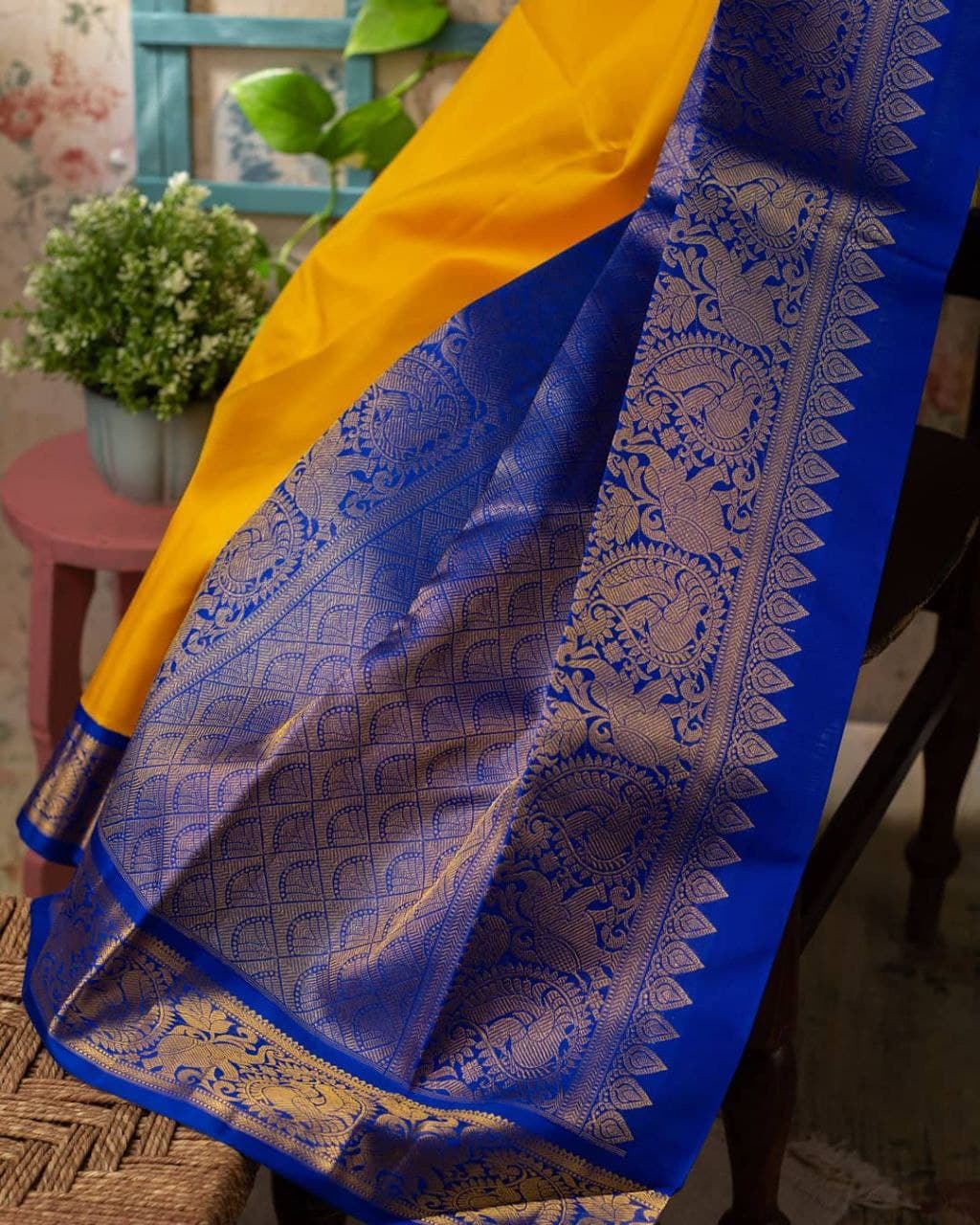 Yellow Blue Wedding Banarasi Partywear Saree
