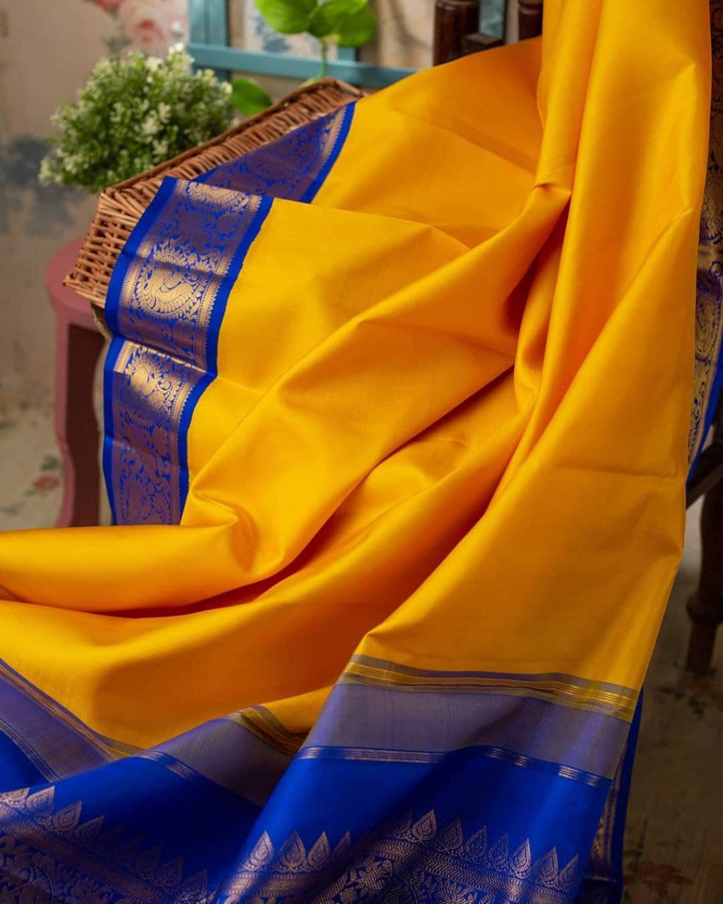 Yellow Blue Wedding Banarasi Partywear Saree