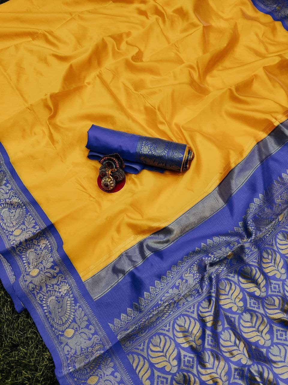 Yellow Blue Wedding Banarasi Partywear Saree