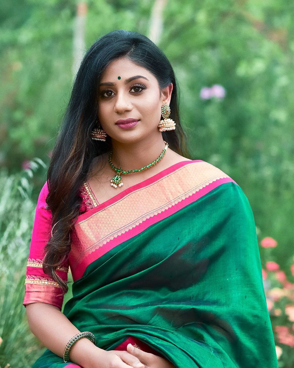Function Wear Green and Pink Golden Design Saree