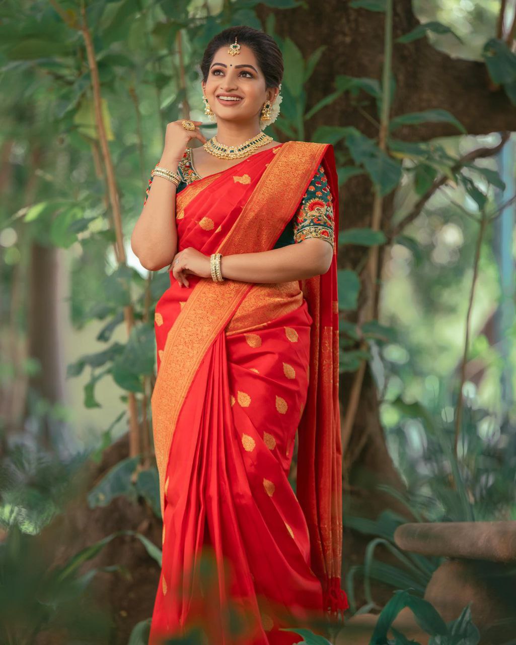 Wedding Wear Red Color Golden Jari Design Saree