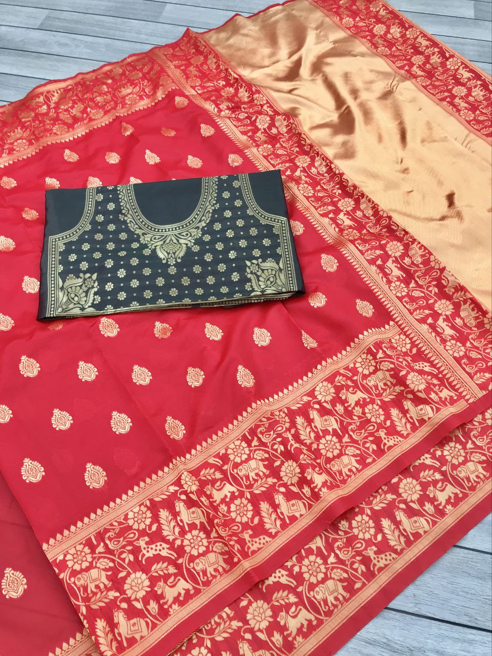 Wedding Wear Red Color Golden Jari Design Saree