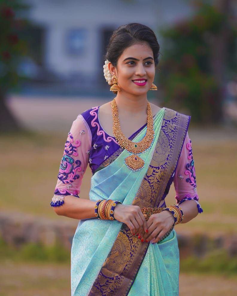 Treditional Sky Blue Soft Silk Kanjivaram Saree With Blouse