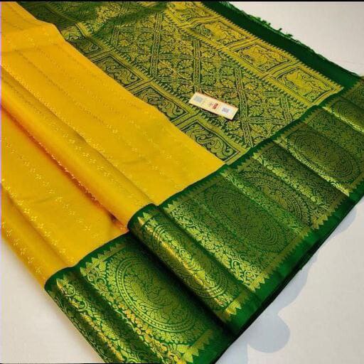 PartyWear Green And Yellow Colour Kanchipuram Saree
