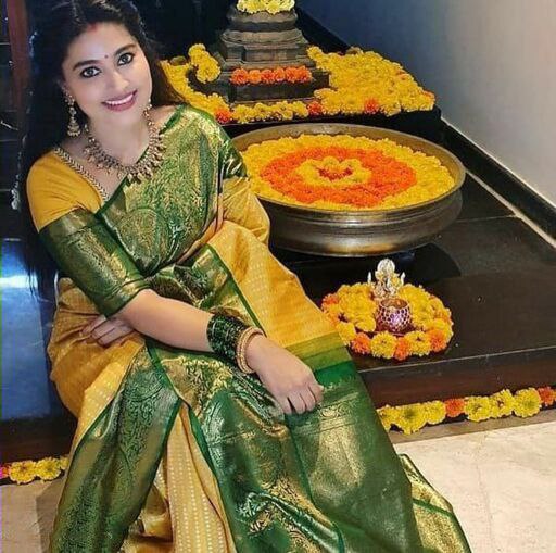 PartyWear Green And Yellow Colour Kanchipuram Saree