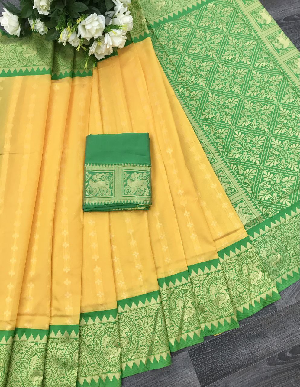 PartyWear Green And Yellow Colour Kanchipuram Saree