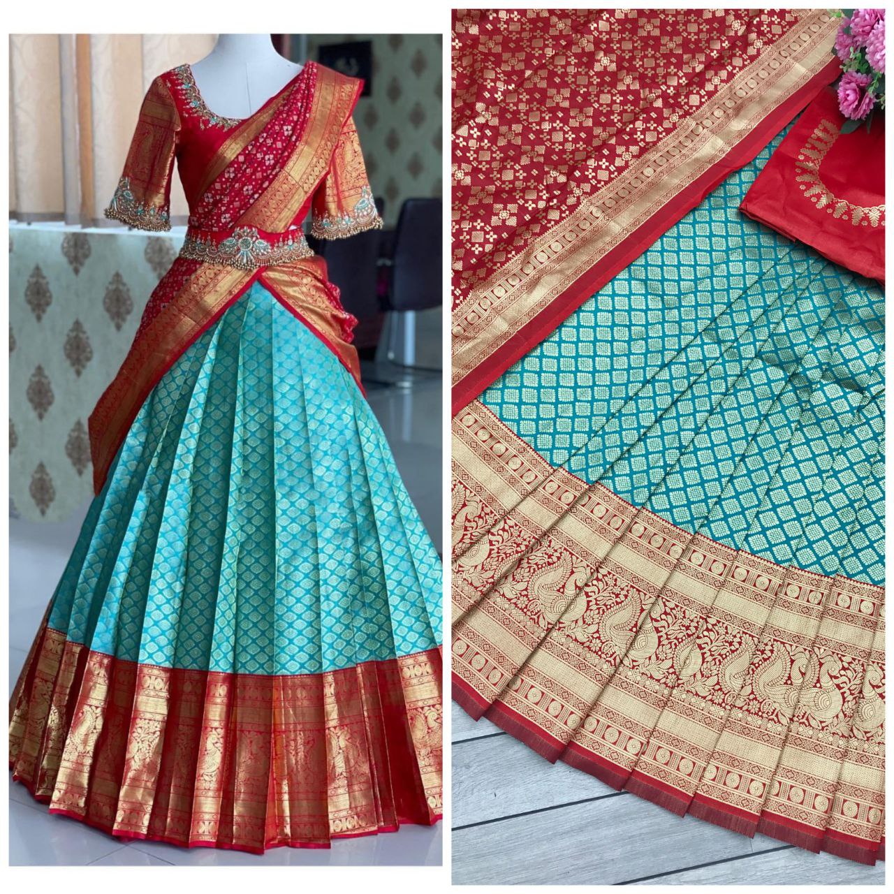 Pure Silk Light Blue Lehenga With Golden Zari Work