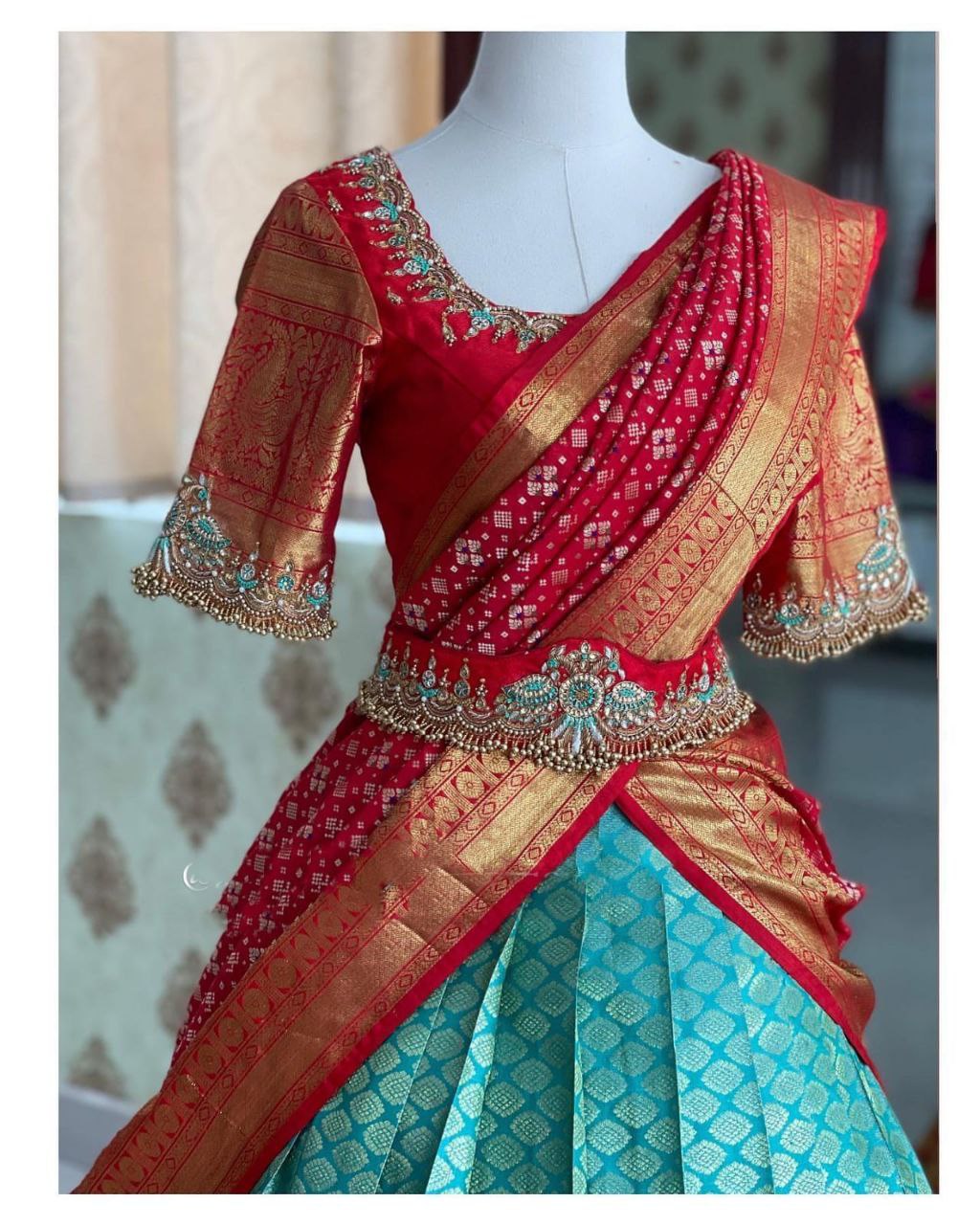 Pure Silk Light Blue Lehenga With Golden Zari Work