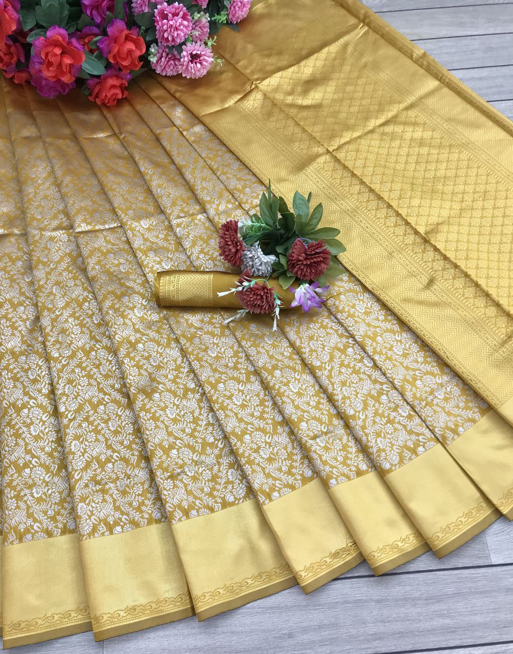 Designer Yellow Soft Silk Saree With Blouse