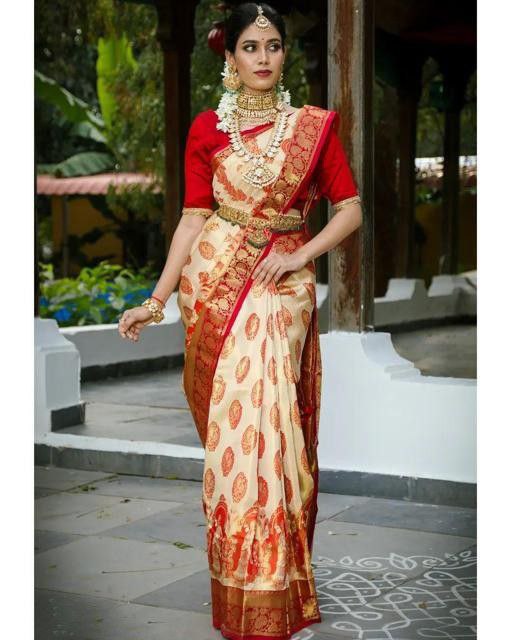 Beautiful Golden Jari Design White Red Soft Silk Saree For Women