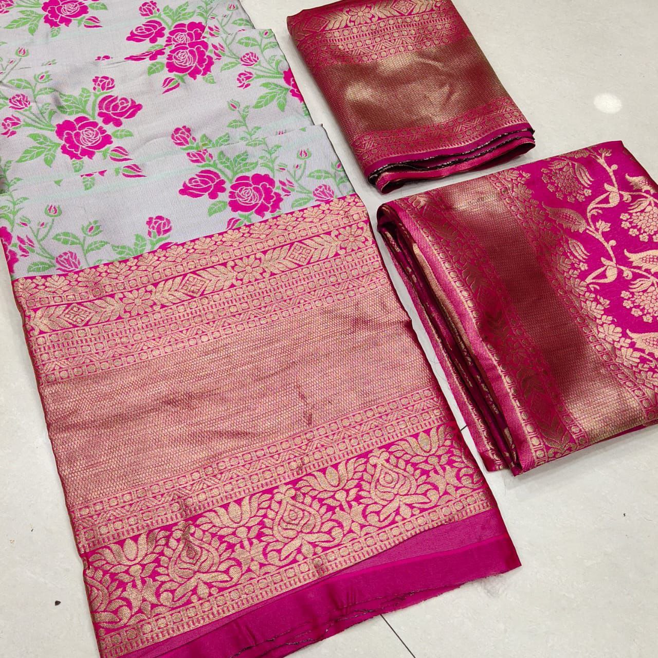 Rose Colur Half Pure Silk Saree With Blouse And Dupatta